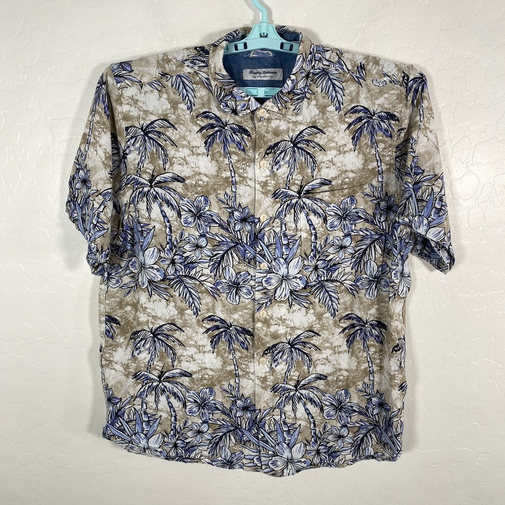 Tommy Bahama Shirt Mens XL Brown Blue Hawaiian The Veracruz Cay Rayon Floral‎
